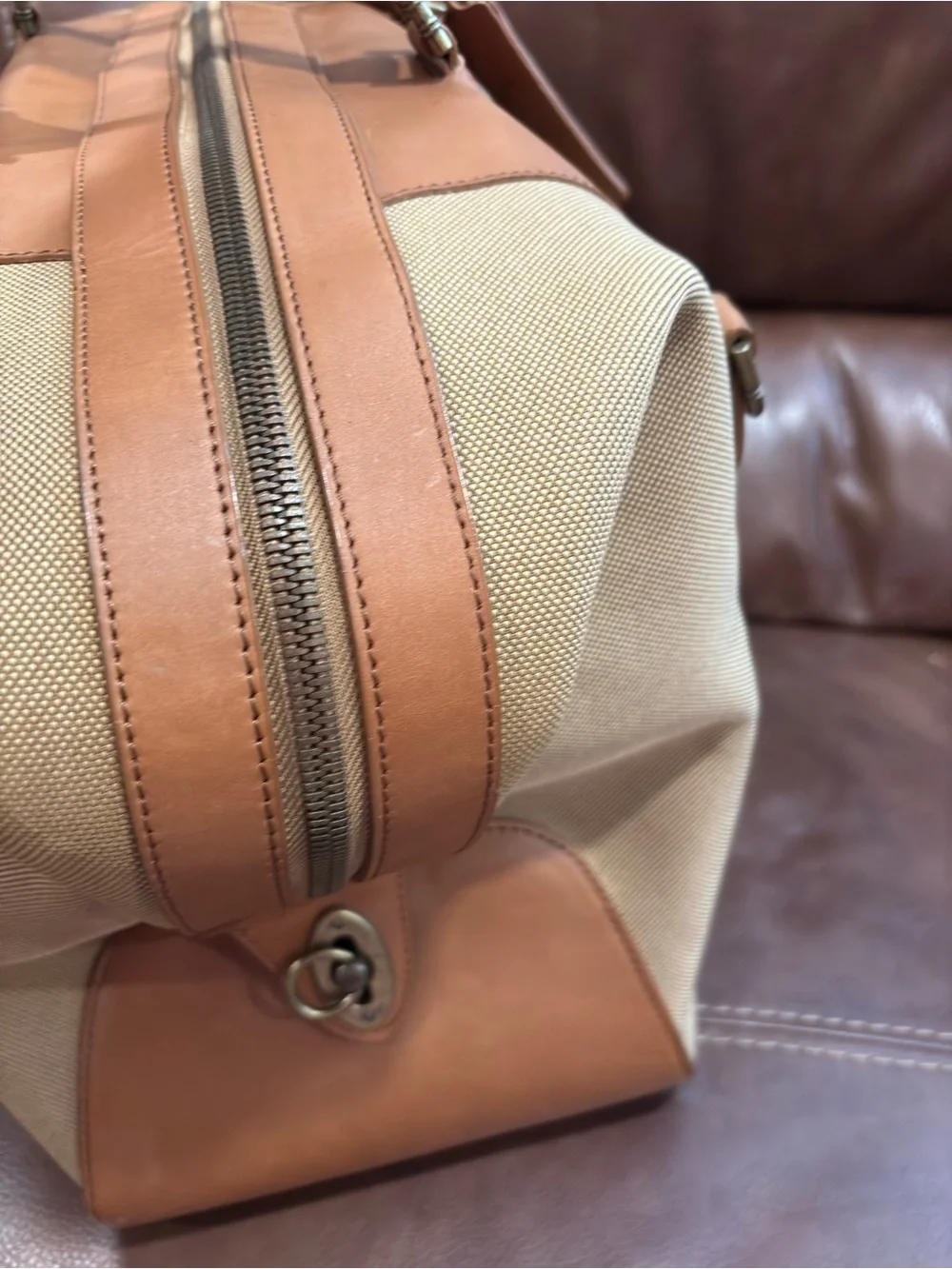 Tommy Bahama Tan Canvas & Leather Weekender Bag with Blue Embroidery Travel